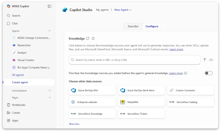 Microsoft Copilot Studio's updated agent builder interface from 2025, displaying the knowledge sources configuration panel with options for SharePoint integration and document uploads