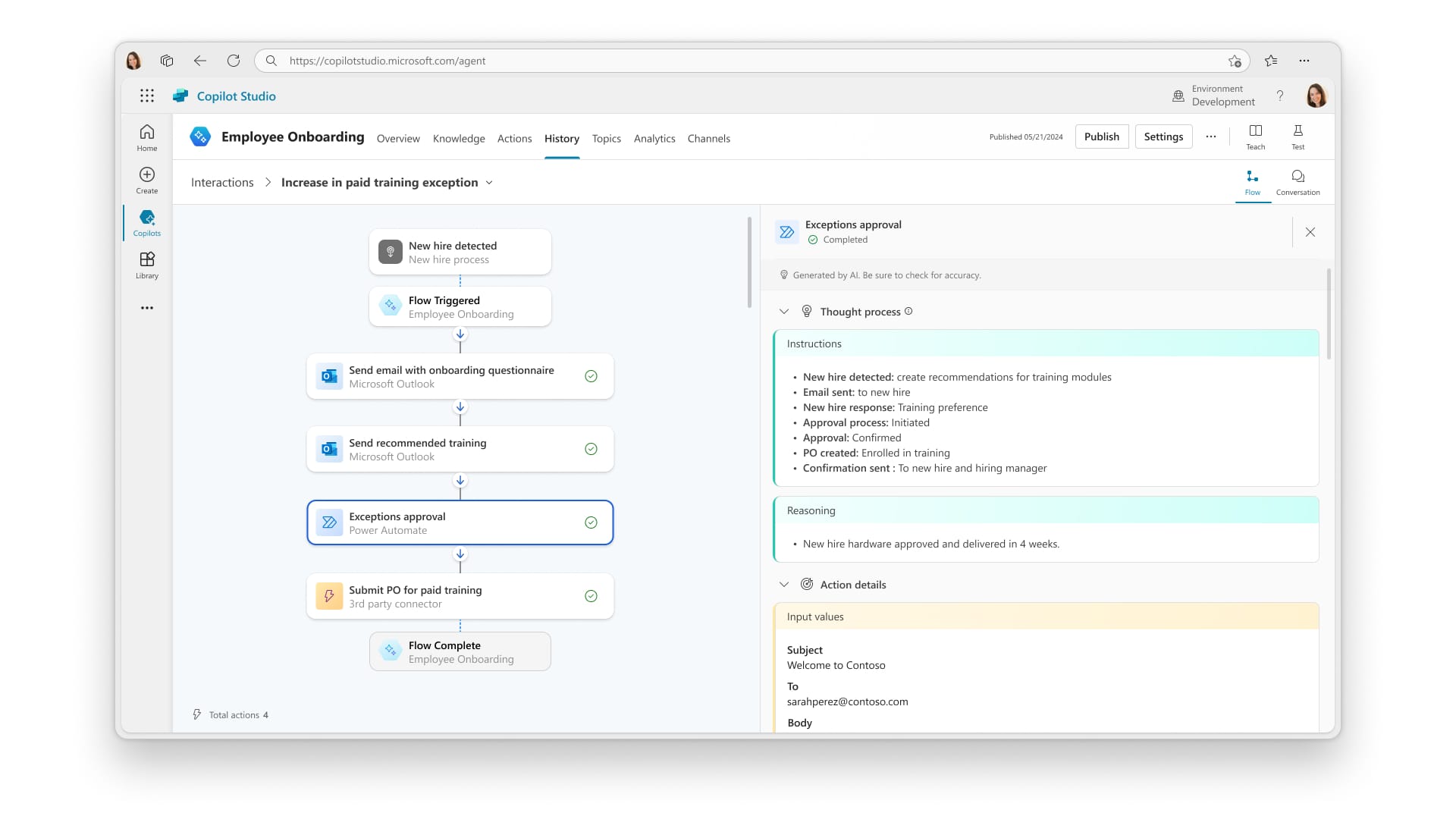 Microsoft Copilot Studio interface from 2024 showing the main dashboard with various building blocks and configuration options