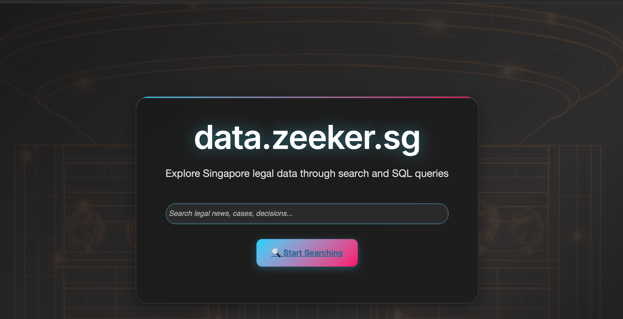 A screenshot of the homepage of data.zeeker.sg. It features a colourful search bar and a background with the Supreme Court of Singapore drawn with futuristic lines.