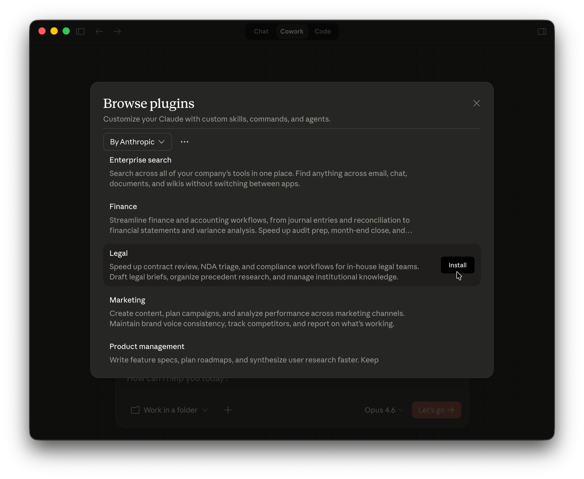 Plugin marketplace showing available plugins including the Legal plugin with install butto