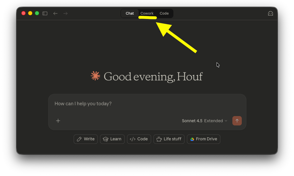 Claude desktop app main interface with Cowork tab highlighted in the top navigation